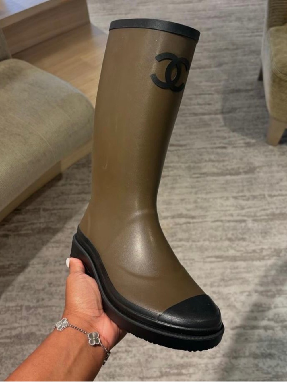 CHANEL Olive Green and Black CC Rainboots